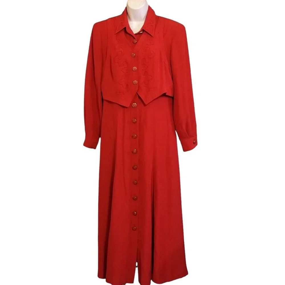 Howard Wolf Maxi Dress 12 Detachable Vest Long Sleeve Trim Buttons Red Vintage - Picture 2 of 15